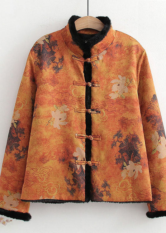 Vintage Yellow Chinese Button Patchwork Silk Print Warm Fleece Coats Spring LC0257 - fabuloryshop