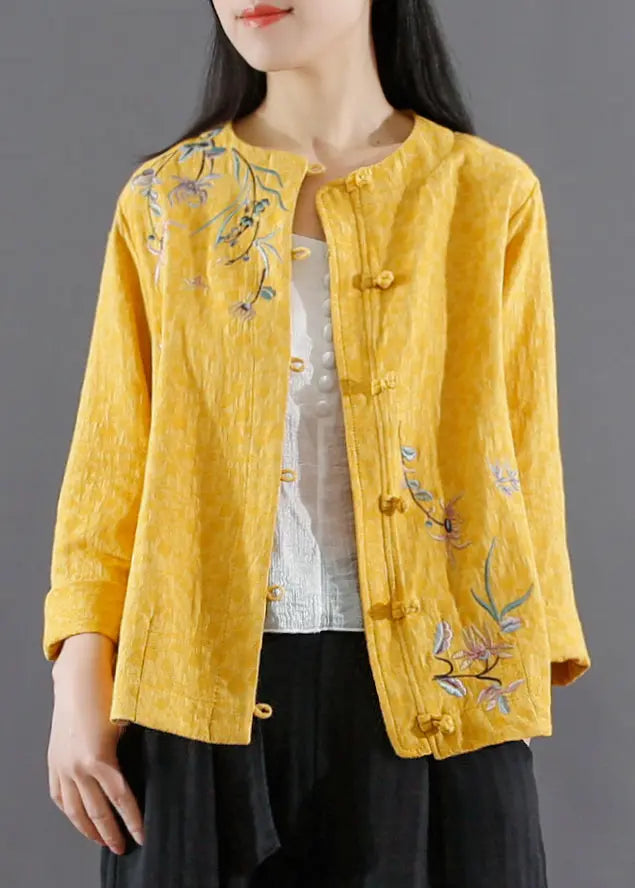 Vintage Yellow Embroideried Button Patchwork Cotton Coats Fall Ada Fashion