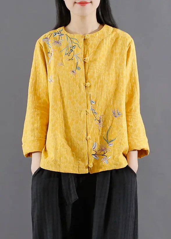 Vintage Yellow Embroideried Button Patchwork Cotton Coats Fall Ada Fashion