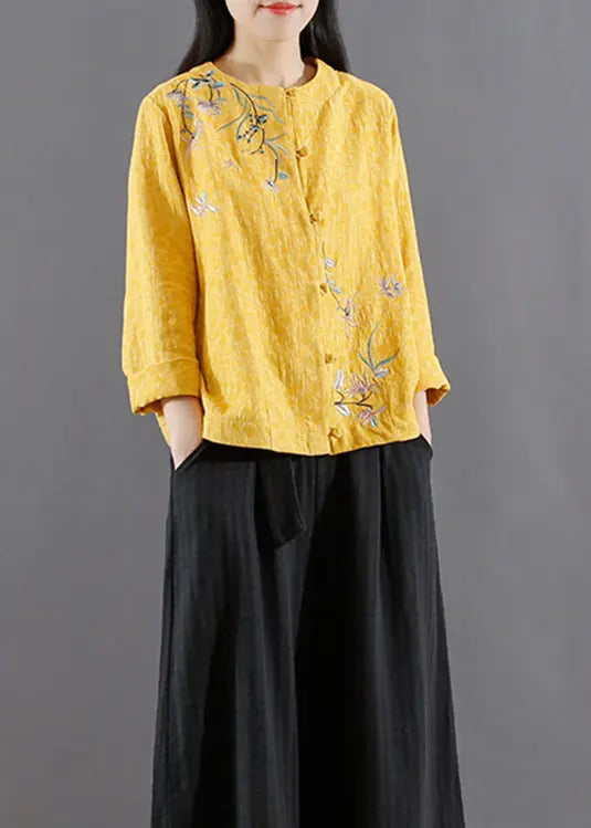 Vintage Yellow Embroideried Button Patchwork Cotton Coats Fall Ada Fashion