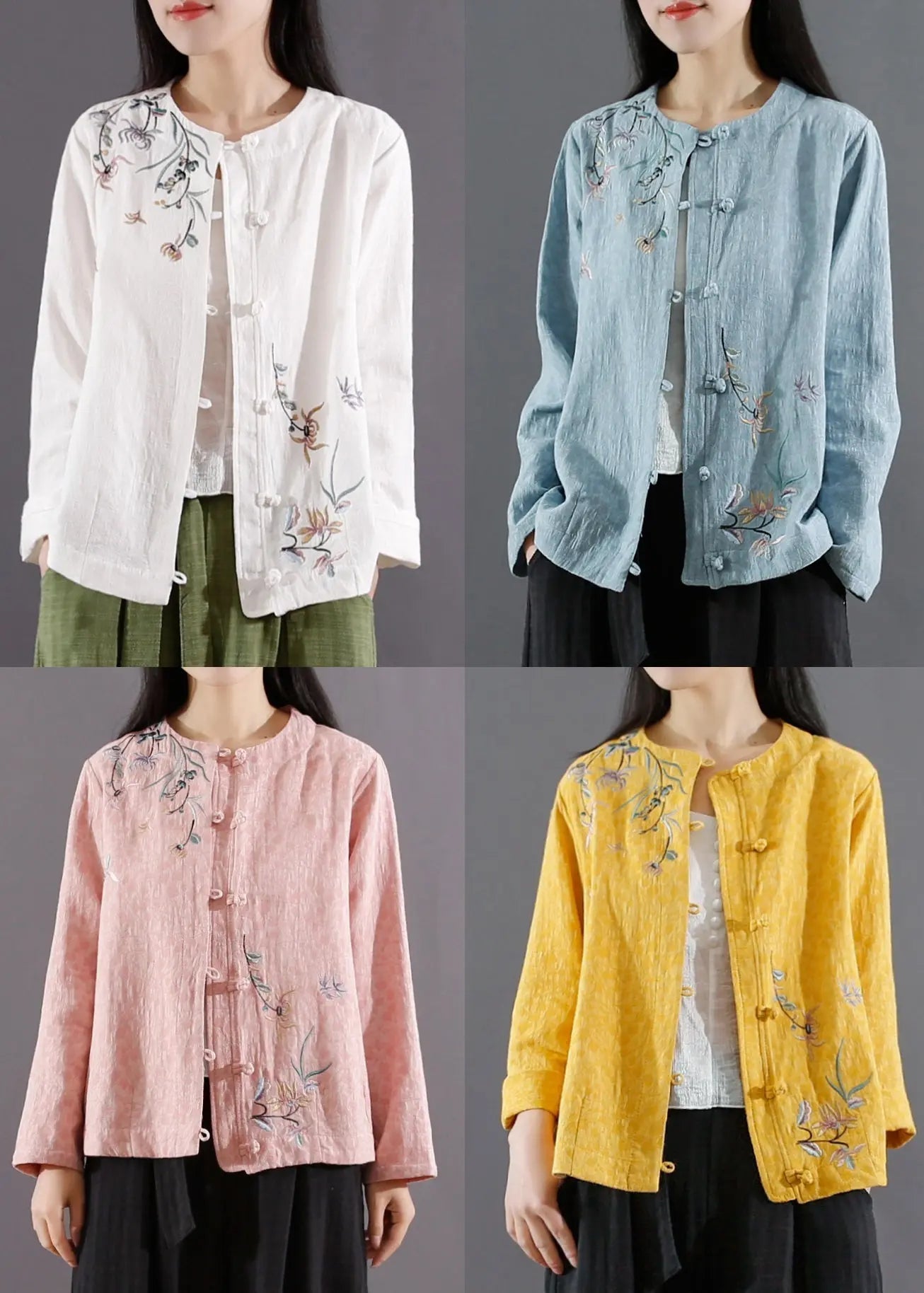 Vintage Yellow Embroideried Button Patchwork Cotton Coats Fall Ada Fashion