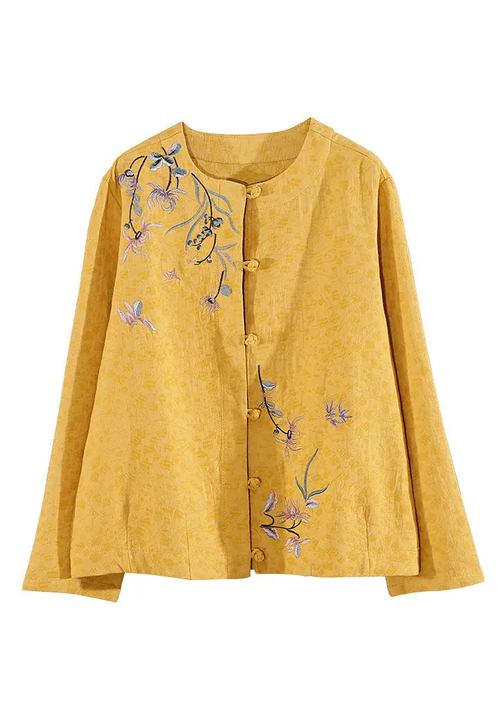 Vintage Yellow Embroideried Button Patchwork Cotton Coats Fall Ada Fashion