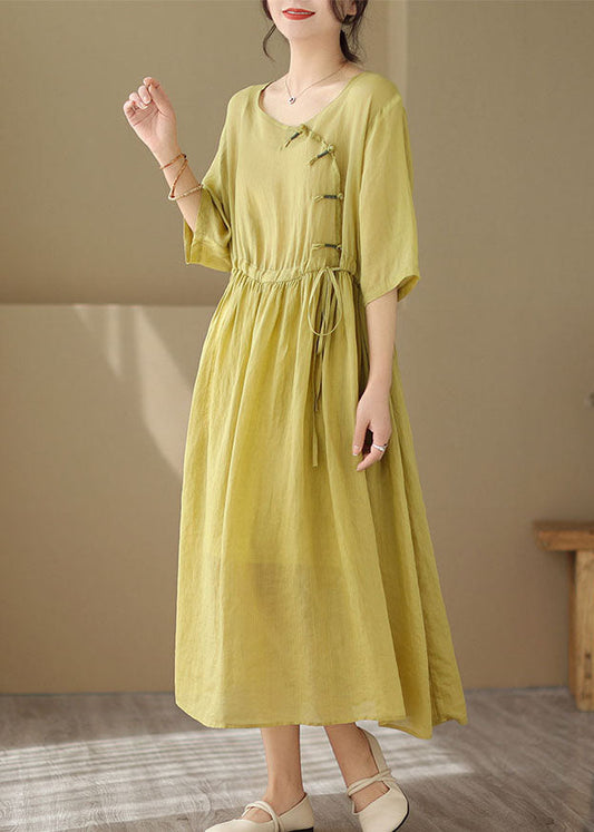 Vintage Yellow O Neck Chinese Button Patchwork Cotton Dresses Summer - fabuloryshop