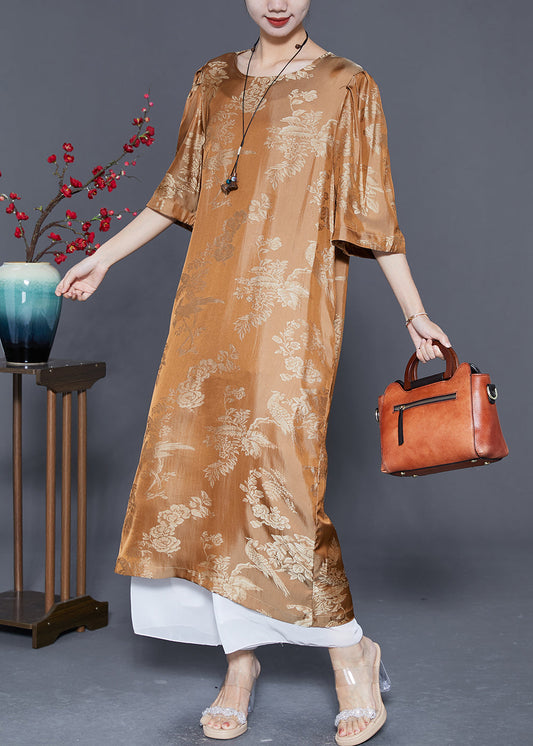 Vintage Yellow O-Neck Jacquard Silk Long Dresses Summer LY5532 - fabuloryshop