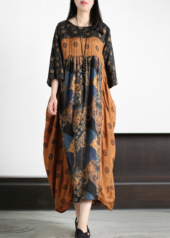 Vintage Yellow O-Neck Patchwork Print Silk Holiday Maxi Dresses Short Sleeve LY5112 - fabuloryshop