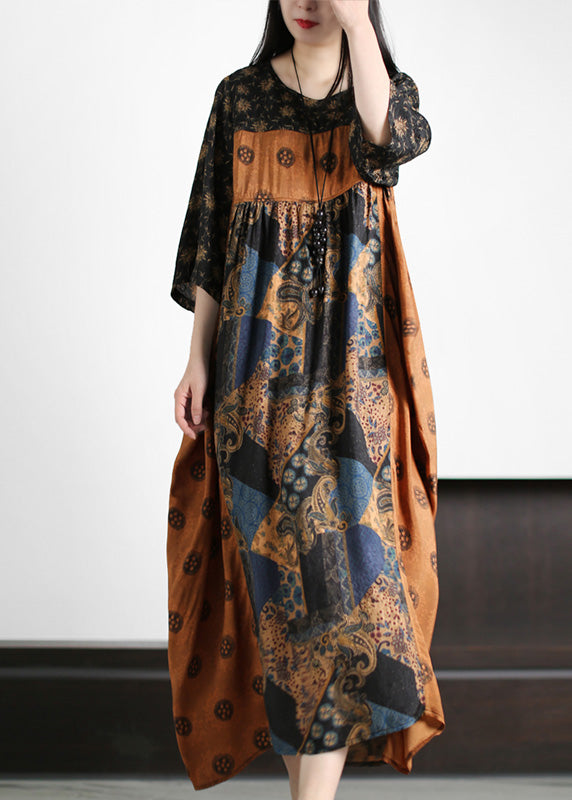 Vintage Yellow O-Neck Patchwork Print Silk Holiday Maxi Dresses Short Sleeve LY5112 - fabuloryshop