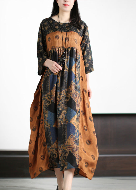 Vintage Yellow O-Neck Patchwork Print Silk Holiday Maxi Dresses Short Sleeve LY5112 - fabuloryshop