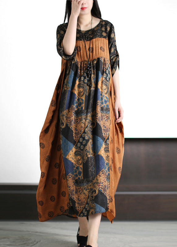Vintage Yellow O-Neck Patchwork Print Silk Holiday Maxi Dresses Short Sleeve LY5112 - fabuloryshop