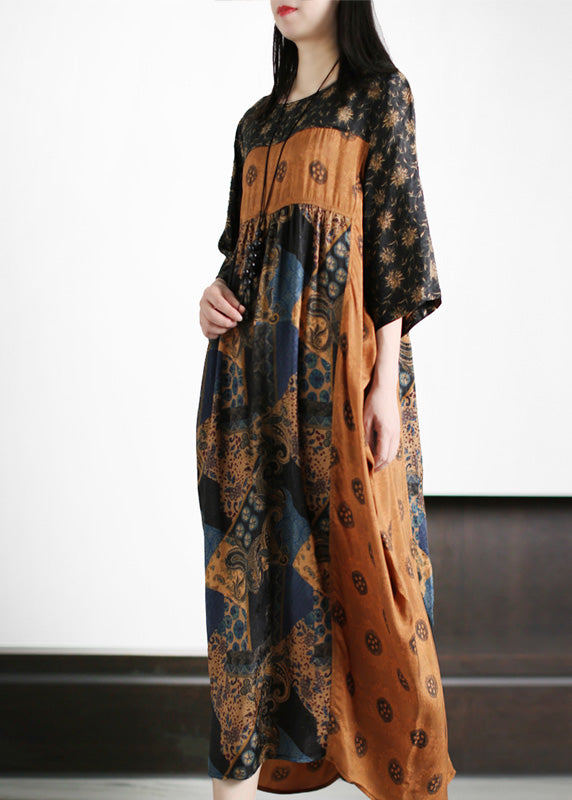Vintage Yellow O-Neck Patchwork Print Silk Holiday Maxi Dresses Short Sleeve LY5112 - fabuloryshop