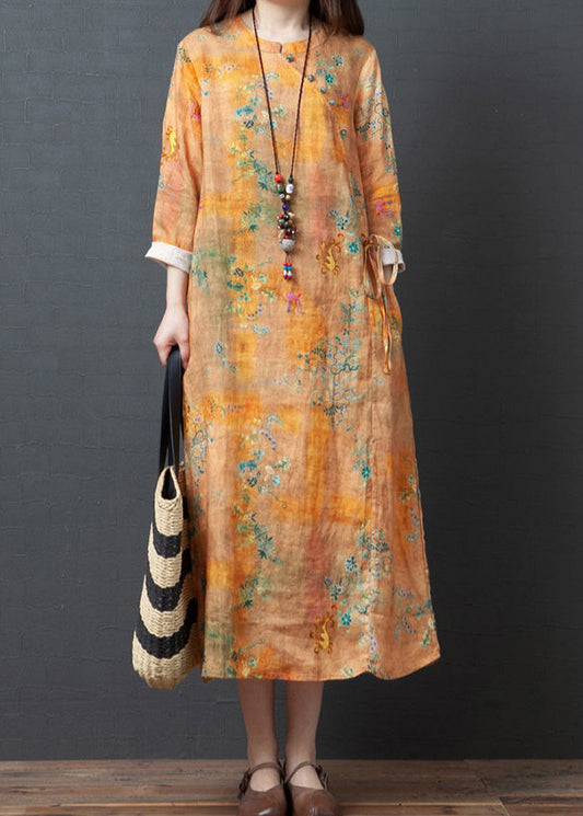 Vintage Yellow O-Neck Print Tie Waist Linen Holiday Dress Spring LY0918 - fabuloryshop