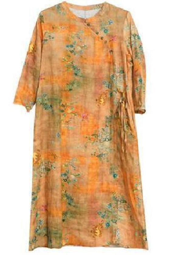 Vintage Yellow O-Neck Print Tie Waist Linen Holiday Dress Spring LY0918 - fabuloryshop