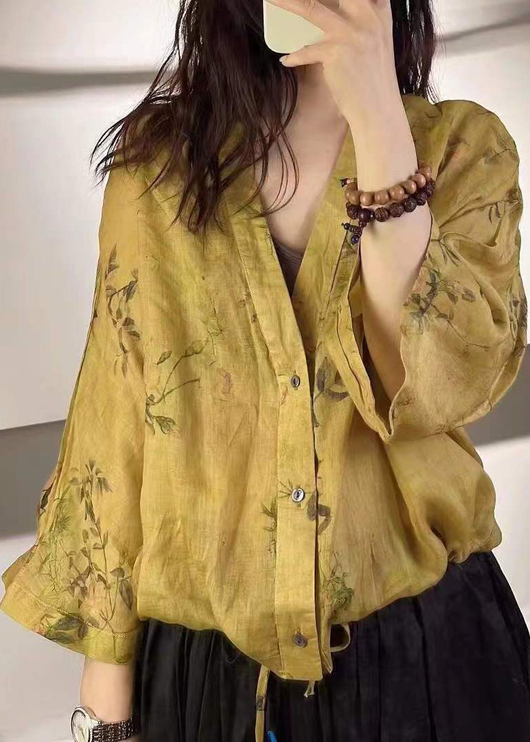 Vintage Yellow Print Button LaceUp Linen Blouse Tops Fall Ada Fashion