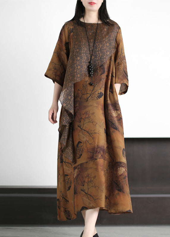 Vintage Yellow Print Patchwork Silk Maxi Dresses Spring LY5142 - fabuloryshop