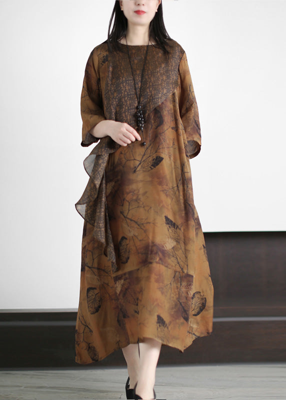 Vintage Yellow Print Patchwork Silk Maxi Dresses Spring LY5142 - fabuloryshop
