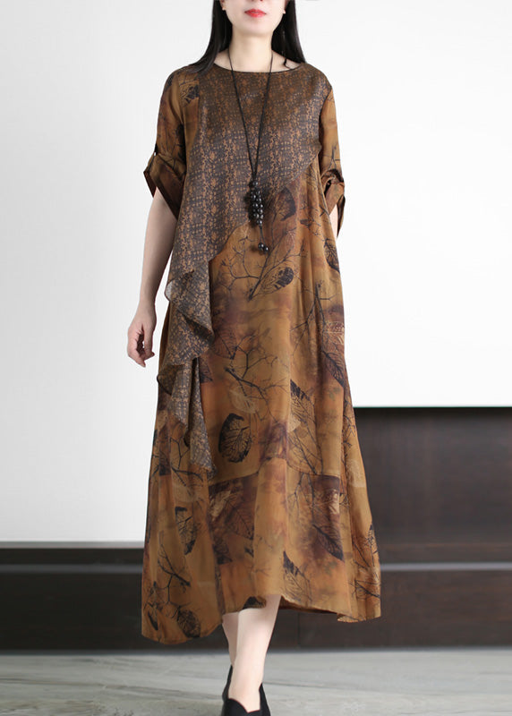 Vintage Yellow Print Patchwork Silk Maxi Dresses Spring LY5142 - fabuloryshop