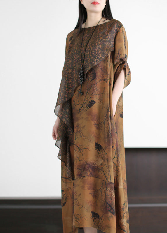 Vintage Yellow Print Patchwork Silk Maxi Dresses Spring LY5142 - fabuloryshop