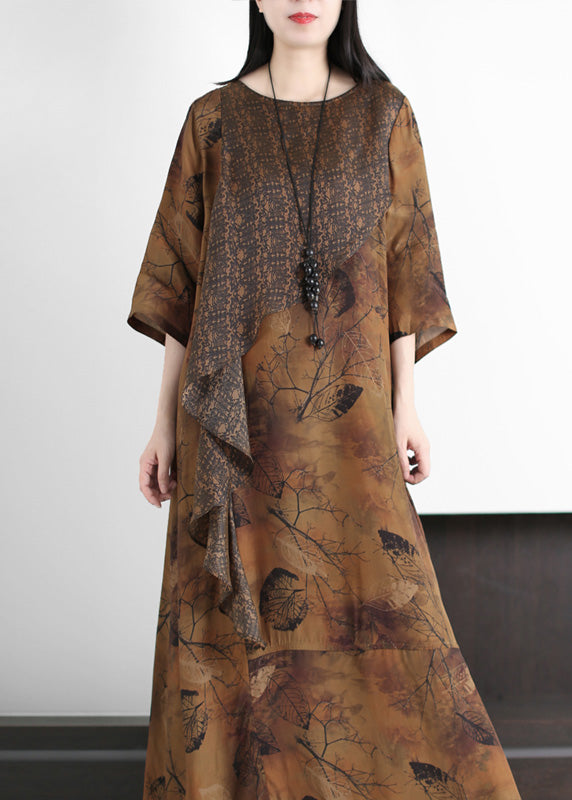 Vintage Yellow Print Patchwork Silk Maxi Dresses Spring LY5142 - fabuloryshop
