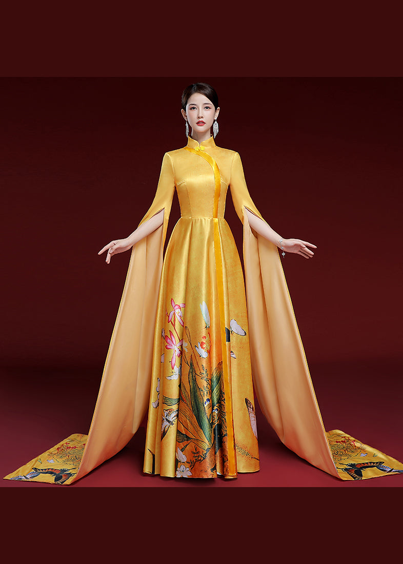 Vintage Yellow Standing Neck Printed Pleated Dress Long Sleeve Ada Fashion