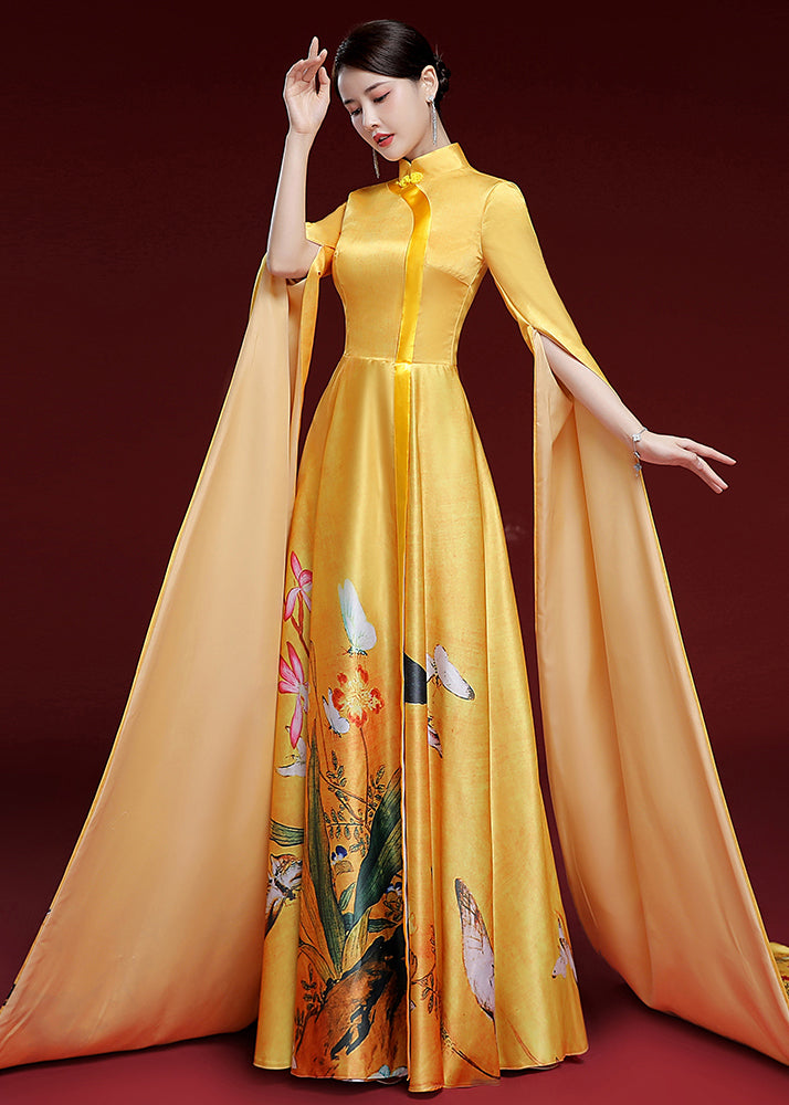 Vintage Yellow Standing Neck Printed Pleated Dress Long Sleeve Ada Fashion