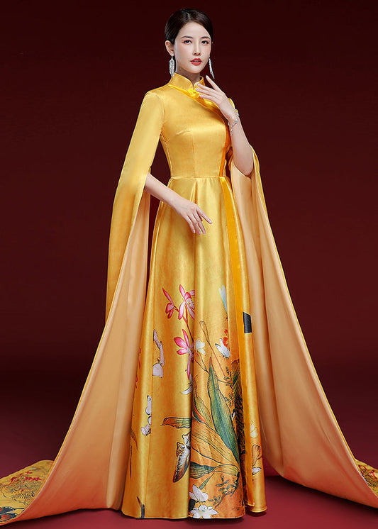 Vintage Yellow Standing Neck Printed Pleated Dress Long Sleeve Ada Fashion