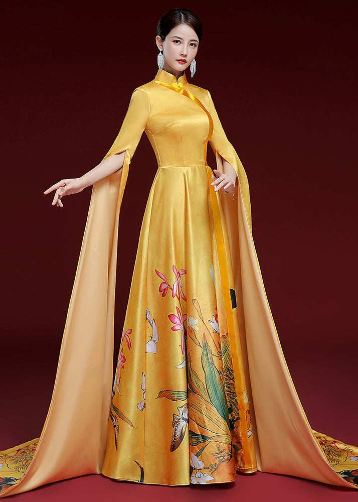 Vintage Yellow Standing Neck Printed Pleated Dress Long Sleeve Ada Fashion