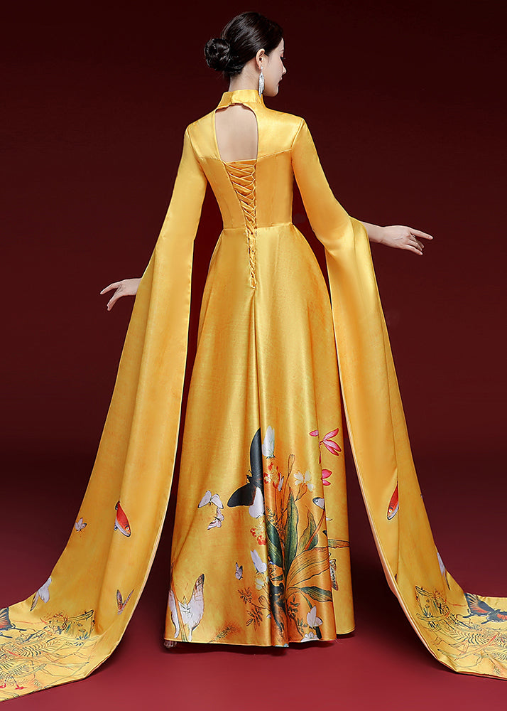 Vintage Yellow Standing Neck Printed Pleated Dress Long Sleeve Ada Fashion