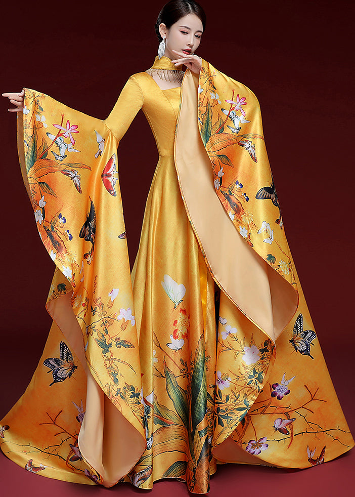 Vintage Yellow Tassels Butterfly Print Long Dress Long Sleeve Ada Fashion