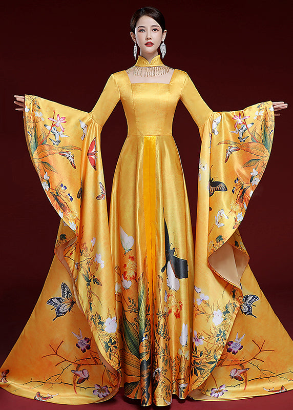 Vintage Yellow Tassels Butterfly Print Long Dress Long Sleeve Ada Fashion