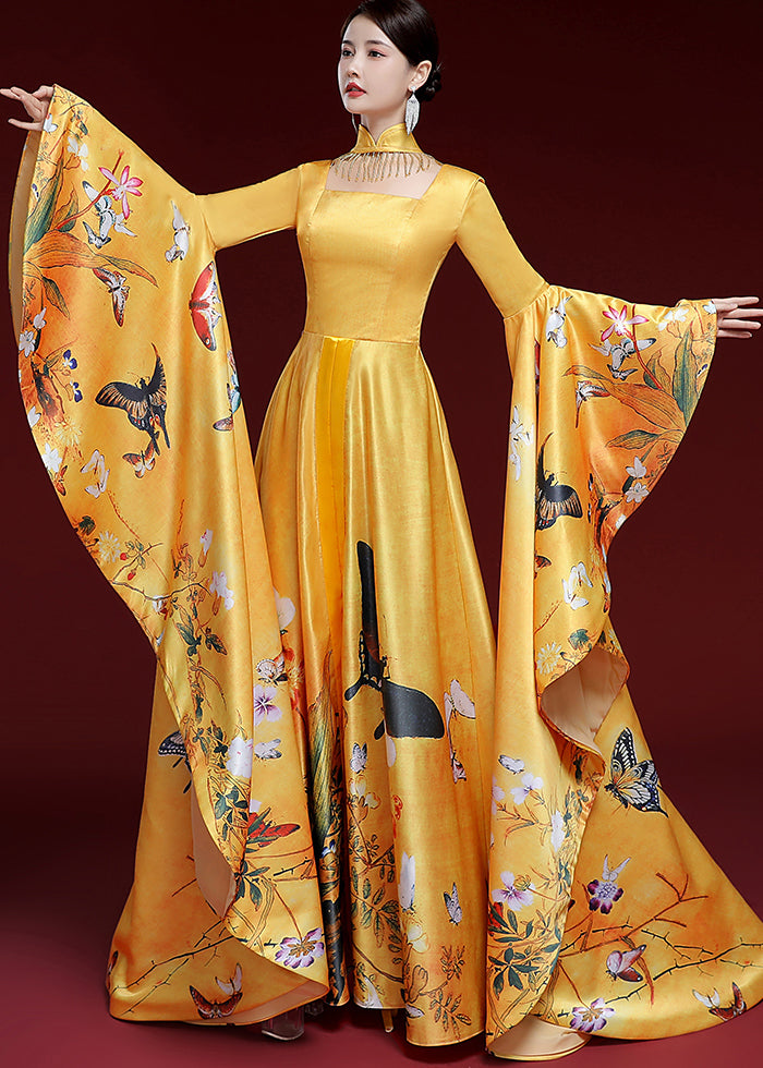 Vintage Yellow Tassels Butterfly Print Long Dress Long Sleeve Ada Fashion