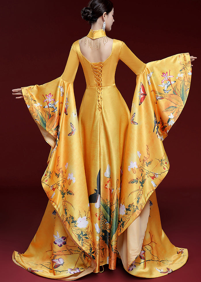 Vintage Yellow Tassels Butterfly Print Long Dress Long Sleeve Ada Fashion