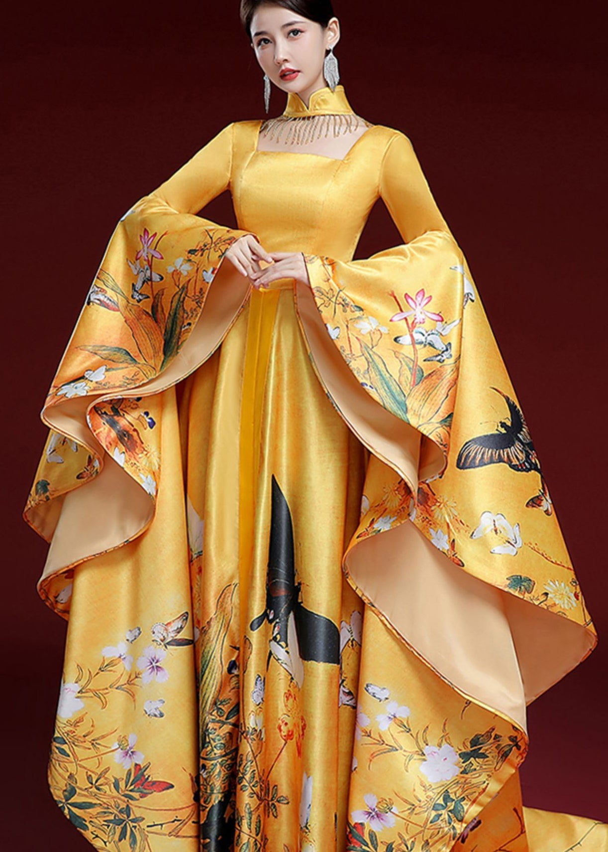 Vintage Yellow Tassels Butterfly Print Long Dress Long Sleeve Ada Fashion