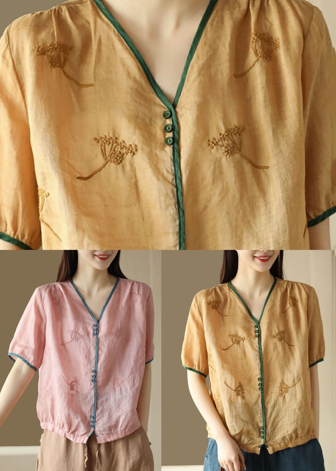 Vintage Yellow V Neck Embroideried Patchwork Linen Top Summer LY4018 - fabuloryshop
