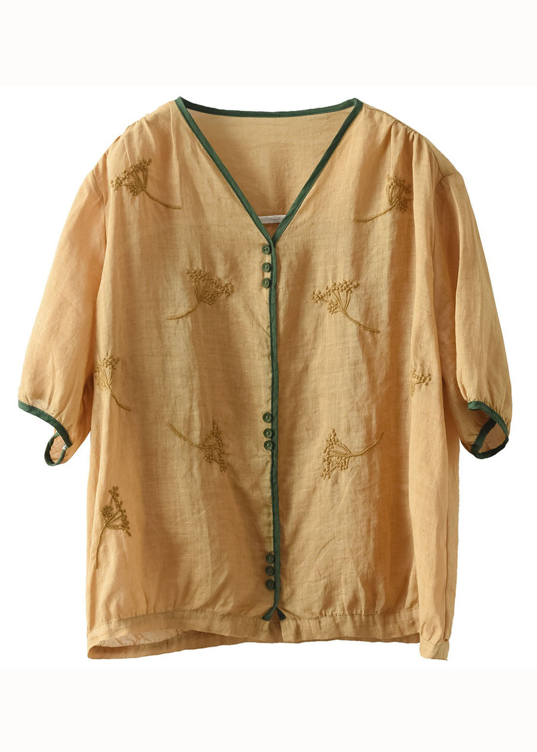 Vintage Yellow V Neck Embroideried Patchwork Linen Top Summer LY4018 - fabuloryshop