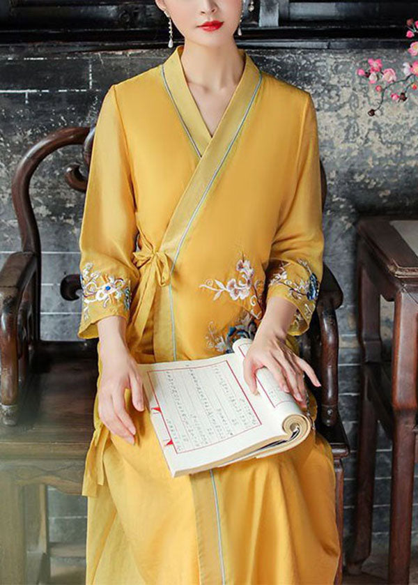 Vintage Yellow V Neck Embroideried Patchwork Silk Dress Summer LY1669 - fabuloryshop