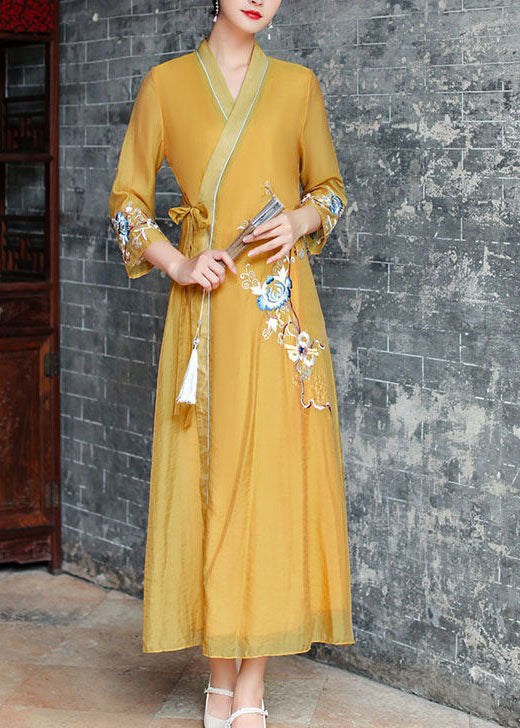 Vintage Yellow V Neck Embroideried Patchwork Silk Dress Summer LY1669 - fabuloryshop