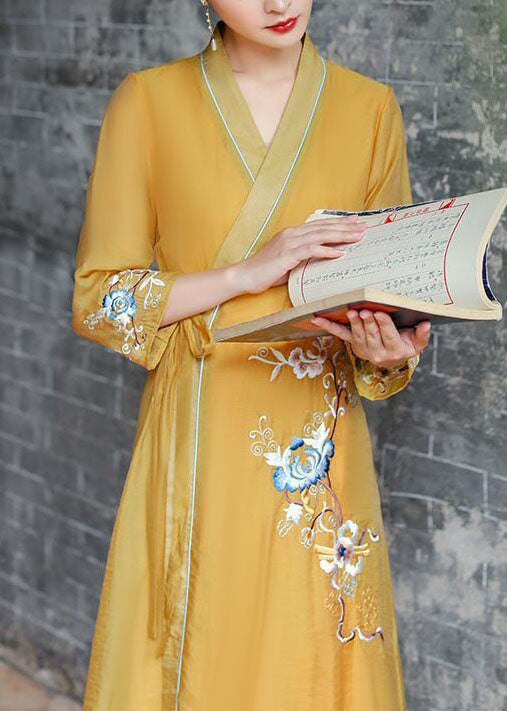 Vintage Yellow V Neck Embroideried Patchwork Silk Dress Summer LY1669 - fabuloryshop