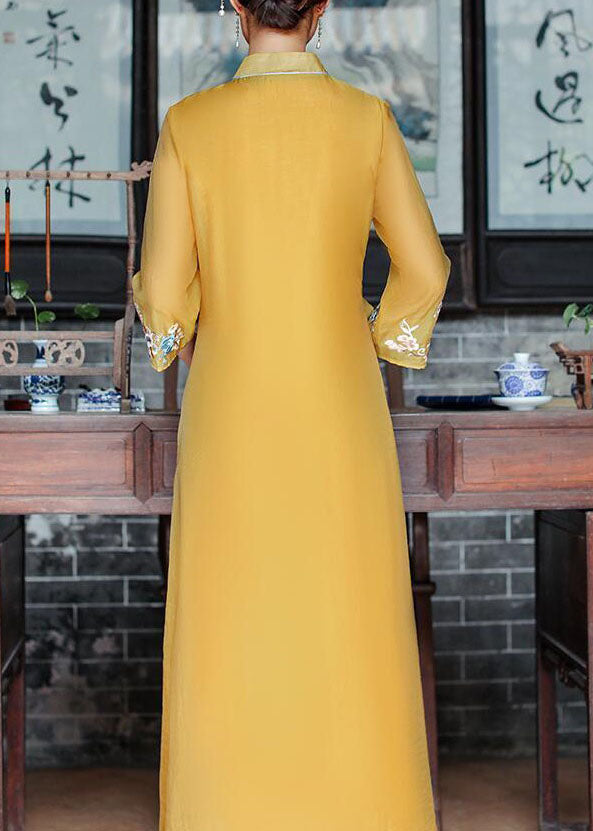Vintage Yellow V Neck Embroideried Patchwork Silk Dress Summer LY1669 - fabuloryshop