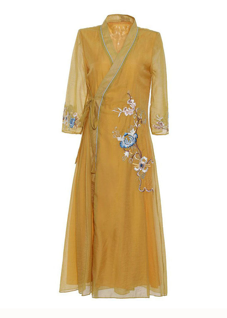 Vintage Yellow V Neck Embroideried Patchwork Silk Dress Summer LY1669 - fabuloryshop