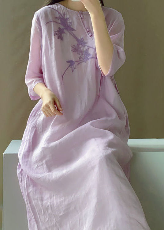 Vintage light Purple O Neck Embroideried Patchwork Cotton Dress Summer LY4622 - fabuloryshop