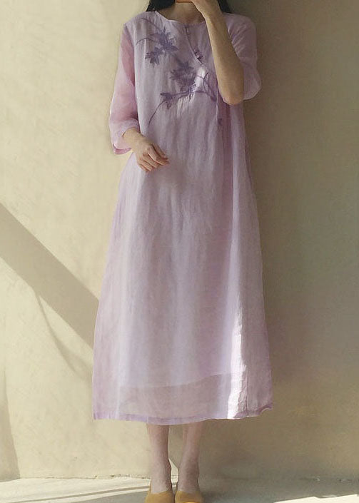 Vintage light Purple O Neck Embroideried Patchwork Cotton Dress Summer LY4622 - fabuloryshop