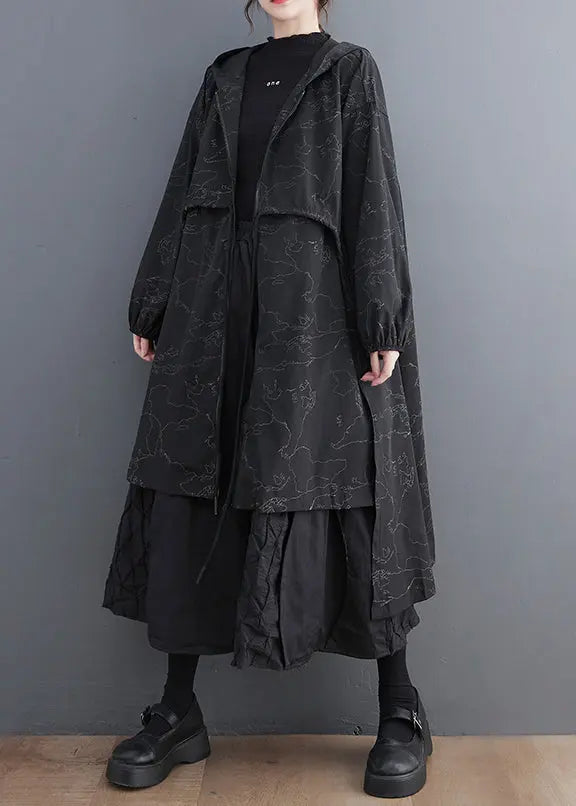 Vogue Black Asymmetrical Patchwork Print Zippered Tie Waist Hoodie Trench Coat Fall Ada Fashion