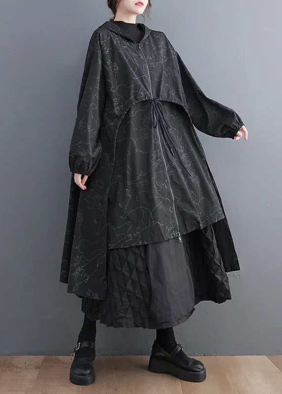 Vogue Black Asymmetrical Patchwork Print Zippered Tie Waist Hoodie Trench Coat Fall Ada Fashion