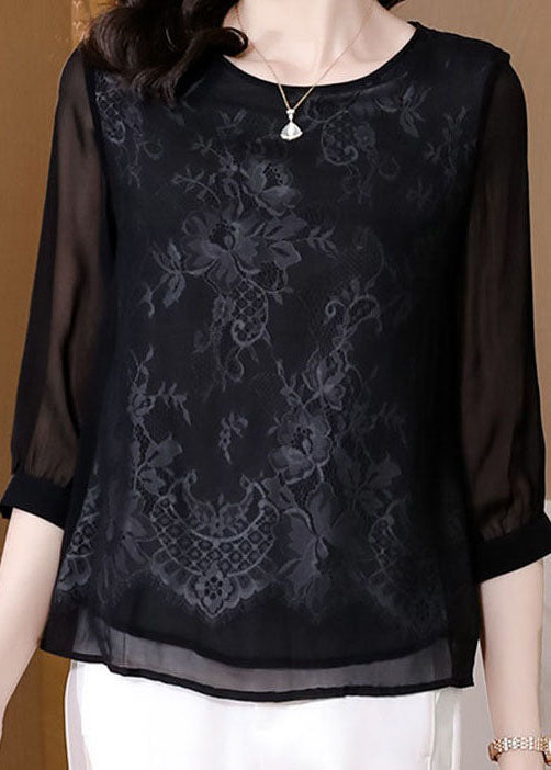 Vogue Black Embroideried Lace Patchwork Silk Tops Bracelet Sleeve LY4594 - fabuloryshop