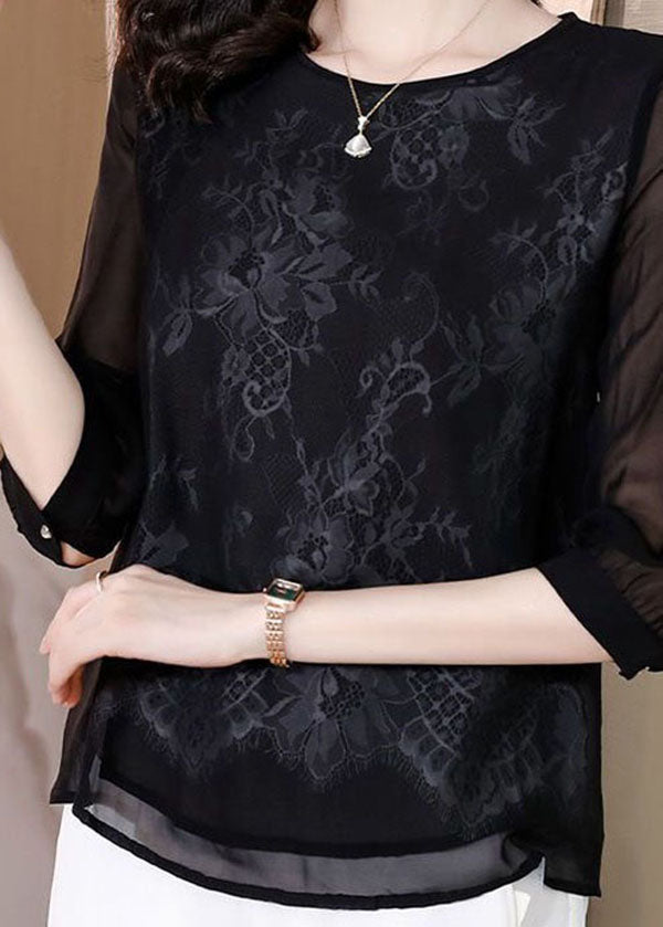 Vogue Black Embroideried Lace Patchwork Silk Tops Bracelet Sleeve LY4594 - fabuloryshop