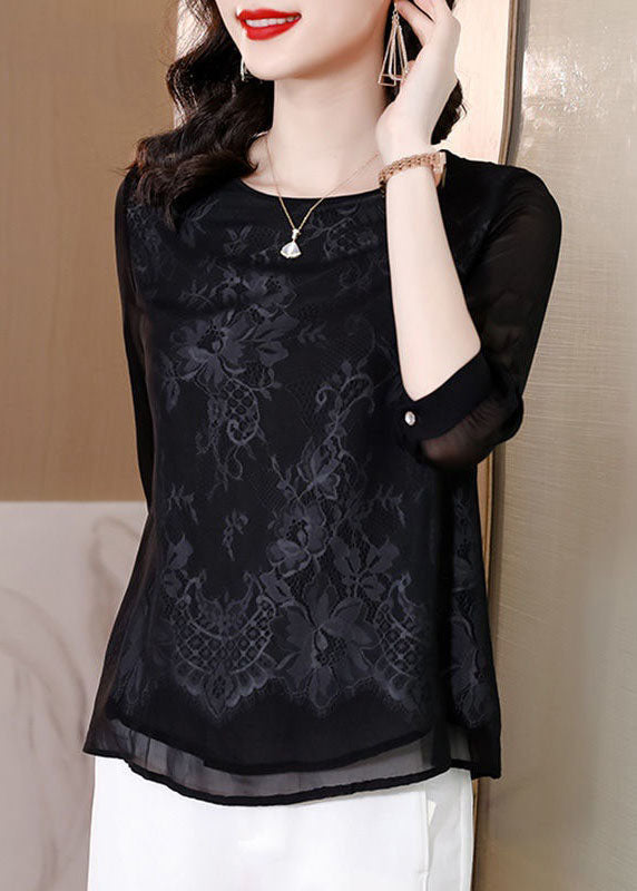 Vogue Black Embroideried Lace Patchwork Silk Tops Bracelet Sleeve LY4594 - fabuloryshop