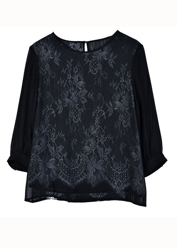 Vogue Black Embroideried Lace Patchwork Silk Tops Bracelet Sleeve LY4594 - fabuloryshop