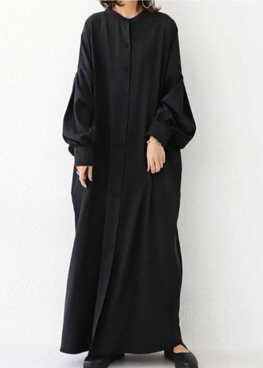 Vogue Black O-Neck Button Maxi Dress Long Sleeve LY1994 - fabuloryshop