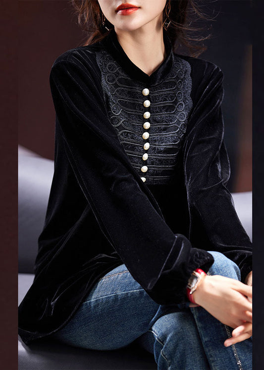 Vogue Black O-Neck Nail Bead Patchwork Silk Velour Top Fall Ada Fashion