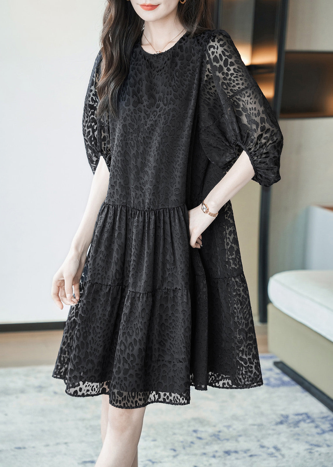 Vogue Black O-Neck Print Mid Dresses Summer Ada Fashion