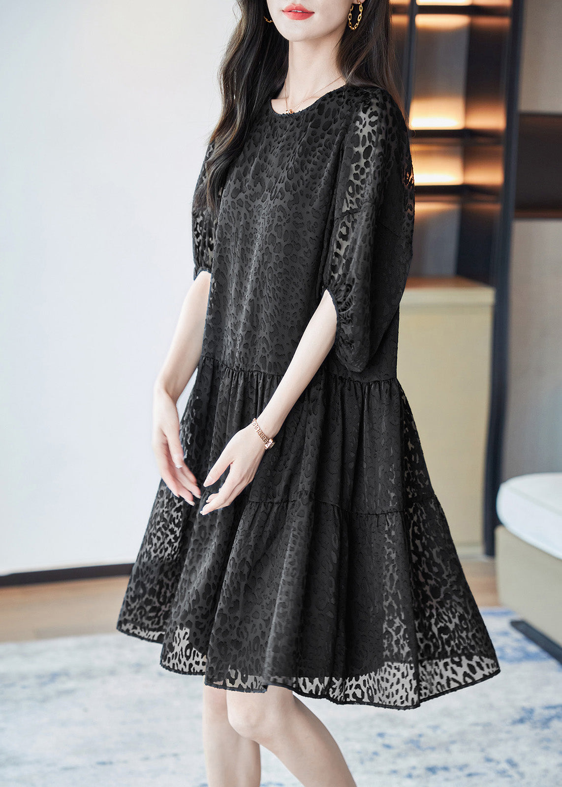 Vogue Black O-Neck Print Mid Dresses Summer Ada Fashion